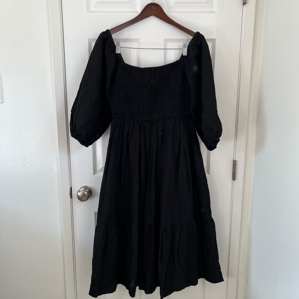 Laude the Label Smocked Bodice Dress Black linen size M